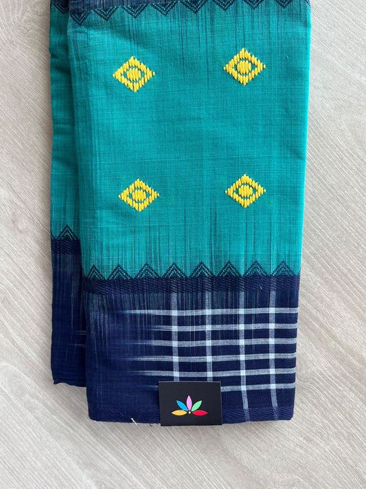 Midnight Blue & Dark Turquoise Checked Design Bengal Soft Cotton Saree (Without Blouse) - 36998