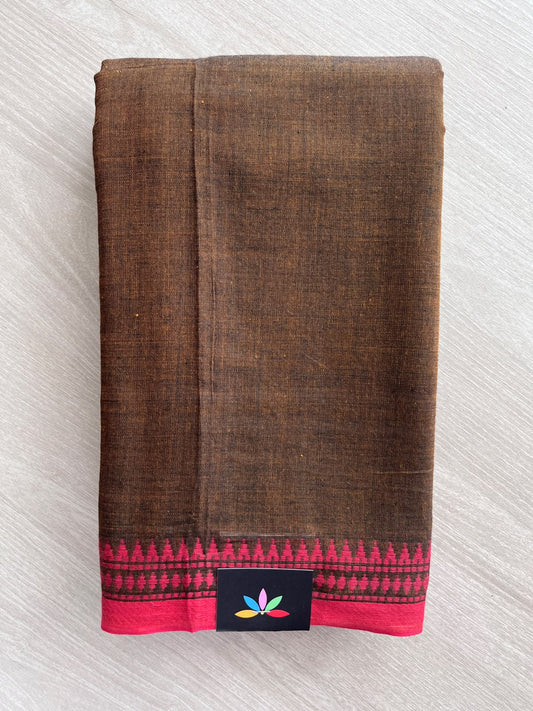 Sepia Brown Temple Border Bengal Soft Cotton Saree (Without Blouse) - 37004-37005
