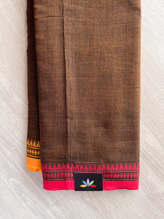Sepia Brown Temple Border Bengal Soft Cotton Saree (Without Blouse) - 37004-37005