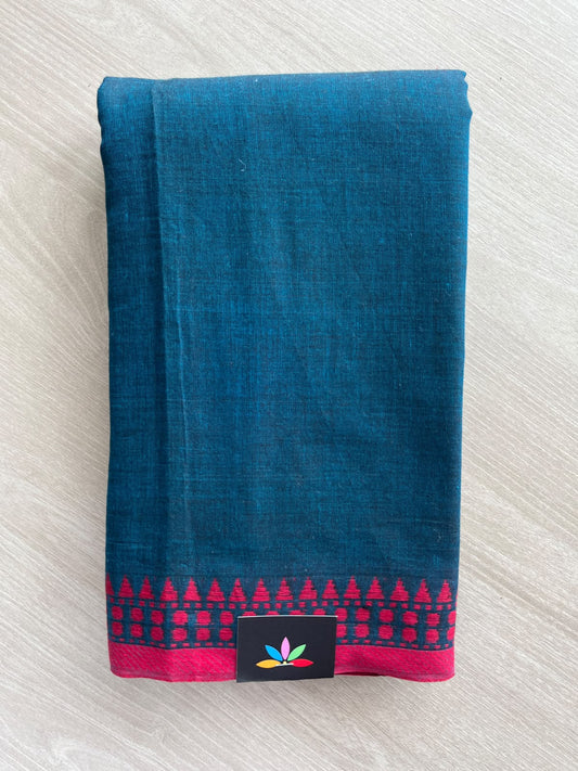 Sailor Blue Temple Border Bengal Soft Cotton Saree (Without Blouse) - 37008-37009
