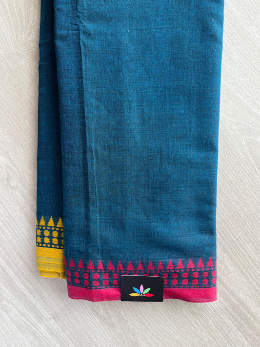 Sailor Blue Temple Border Bengal Soft Cotton Saree (Without Blouse) - 37008-37009