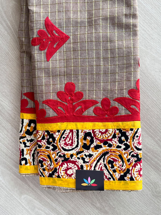 Almond Beige Appliqué work Bengal Cotton Saree (Without blouse) - 37015