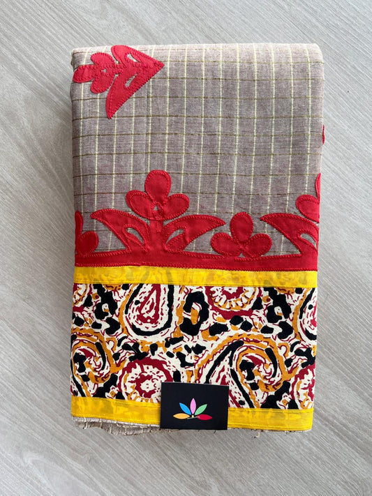 Almond Beige Appliqué work Bengal Cotton Saree (Without blouse) - 37015