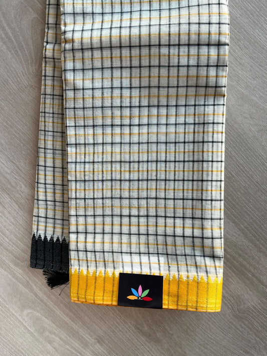 Off-White Checked Handloom Starched Cotton Saree (Without Blouse) - 37031-37032