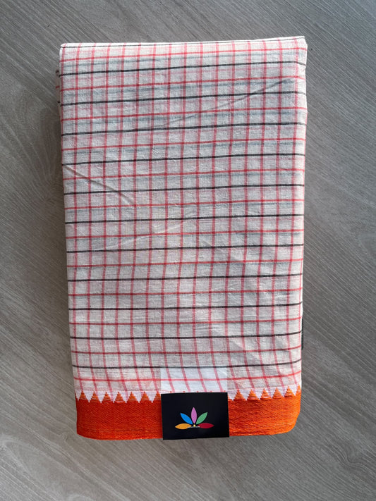 White Checked Handloom Starched Cotton Saree (Without Blouse) - 37033-37034