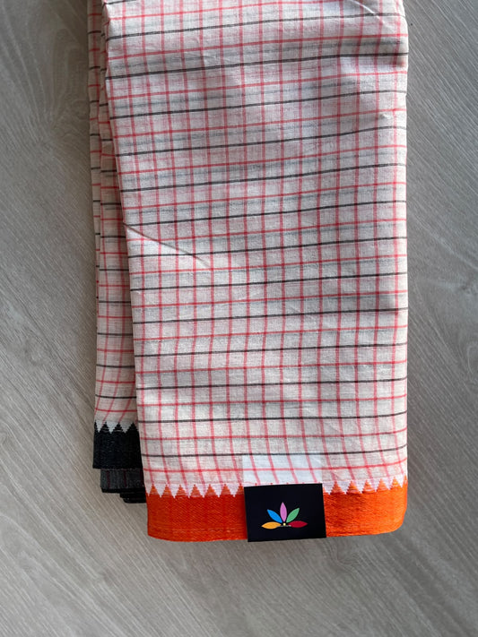 White Checked Handloom Starched Cotton Saree (Without Blouse) - 37033-37034