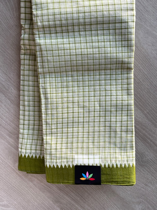 Ivory Checked Handloom Starched Cotton Saree (Without Blouse) - 37035-37036