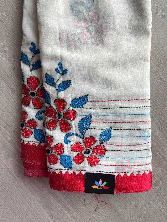 Off-White Kantha Stitch Cotton Saree (Without Blouse) - 37063
