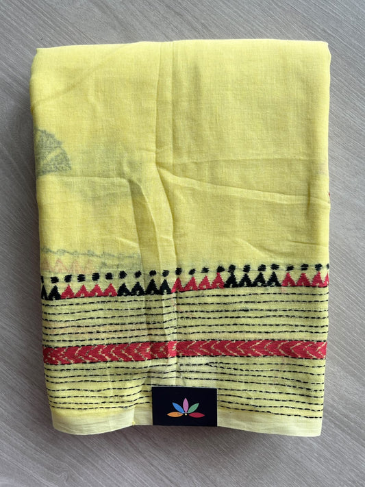 Pastel Yellow Kantha Stitch Cotton Saree - 37064