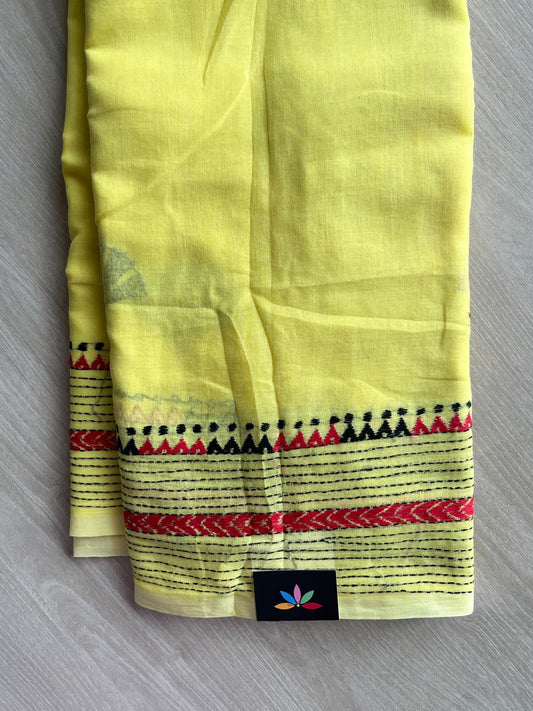 Pastel Yellow Kantha Stitch Cotton Saree - 37064