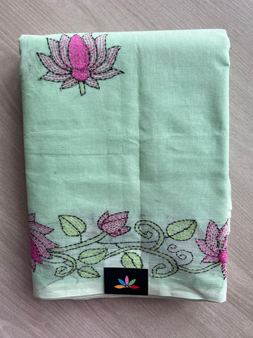 Lotus Design Kantha Stitch Cotton Saree - 37066
