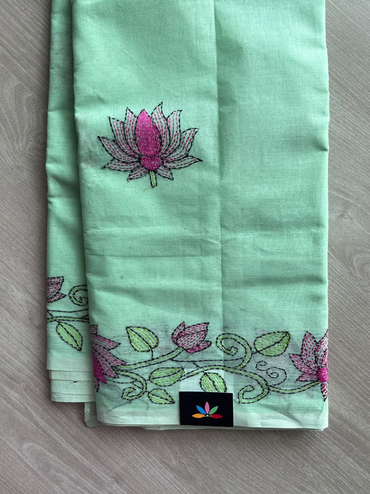 Pale Mint Green Lotus Design Kantha Stitch Cotton Saree - 37066