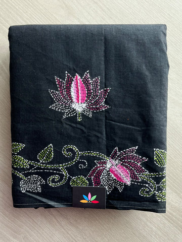 Lotus Design Kantha Stitch Cotton Saree - 37067