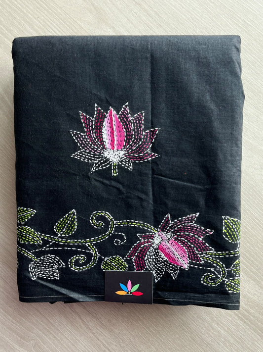 Black Lotus Design Kantha Stitch Cotton Saree - 37067