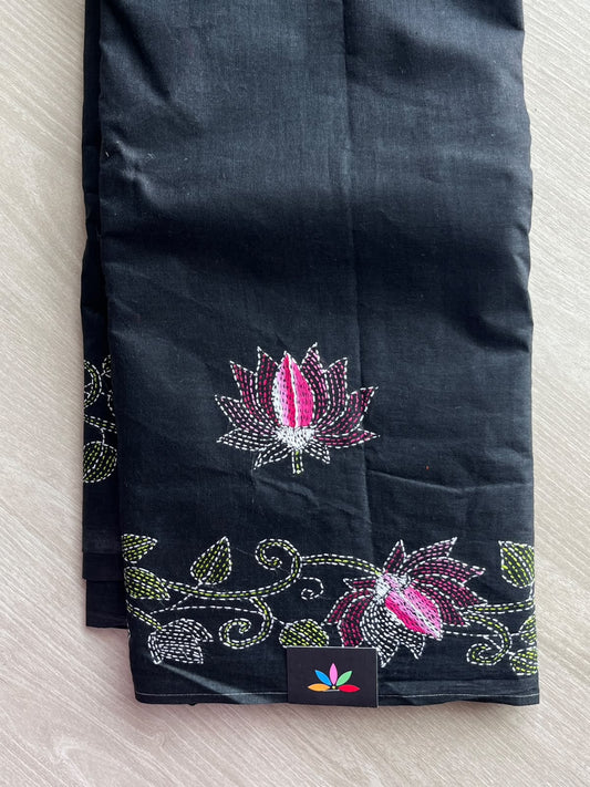 Black Lotus Design Kantha Stitch Cotton Saree - 37067