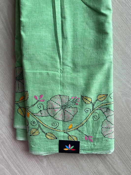 Light Sea Green Kantha Stitch Cotton Saree - 37068