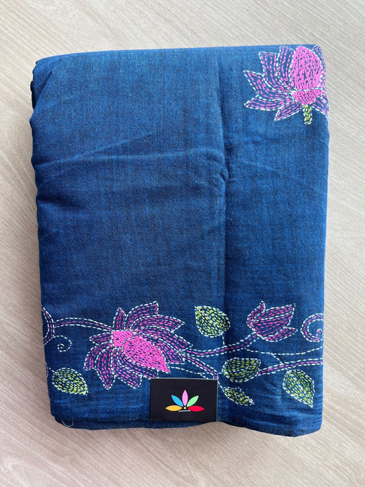 Yale Blue Lotus Design Kantha Stitch Cotton Saree - 37069