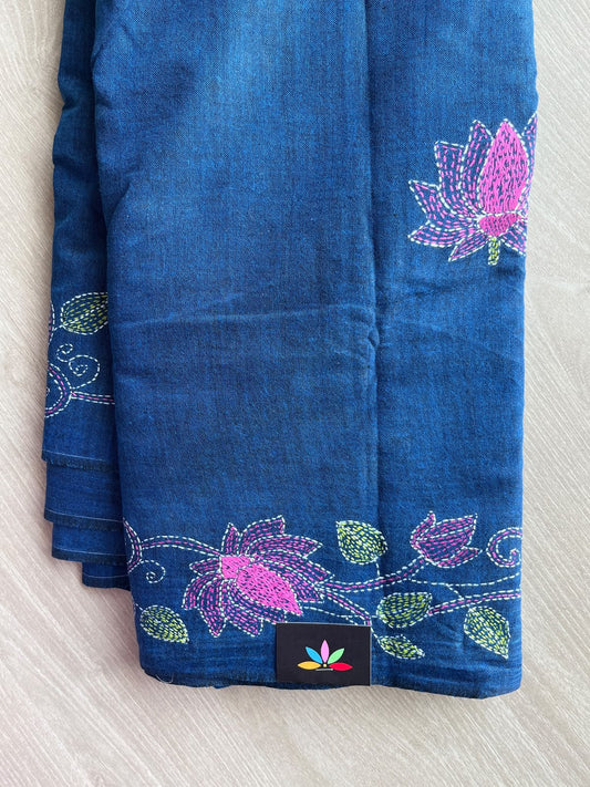 Yale Blue Lotus Design Kantha Stitch Cotton Saree - 37069