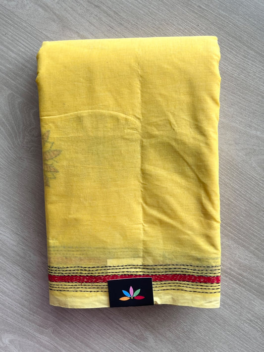 Sand Yellow Lotus Design Kantha Stitch Cotton Saree - 37070