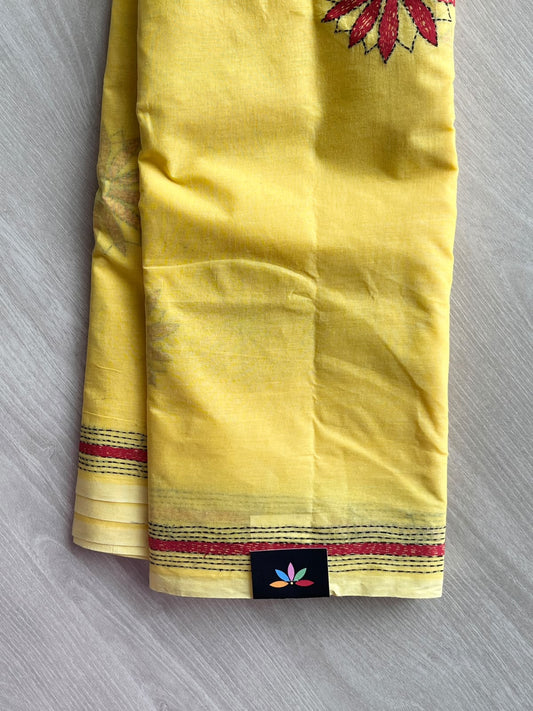 Sand Yellow Lotus Design Kantha Stitch Cotton Saree - 37070