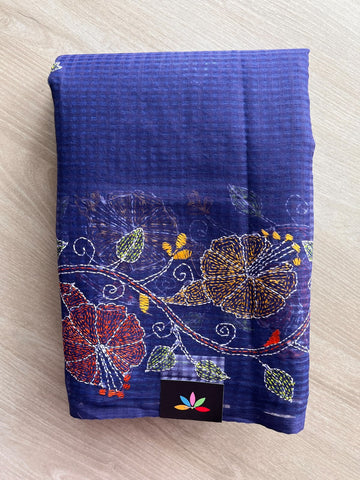 Kantha Stitch Kota Checks Cotton Saree (Without Blouse) - 37071