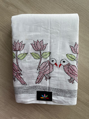 Bird Design Kantha Stitch Cotton Saree - 37072