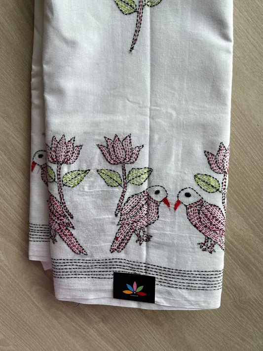 Bird Design Kantha Stitch Cotton Saree - 37072