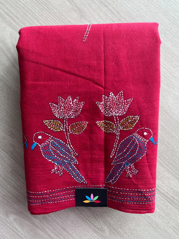 Bird Design Kantha Stitch Cotton Saree - 37073