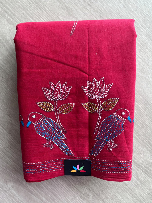 Crimson Red Bird Design Kantha Stitch Cotton Saree - 37073