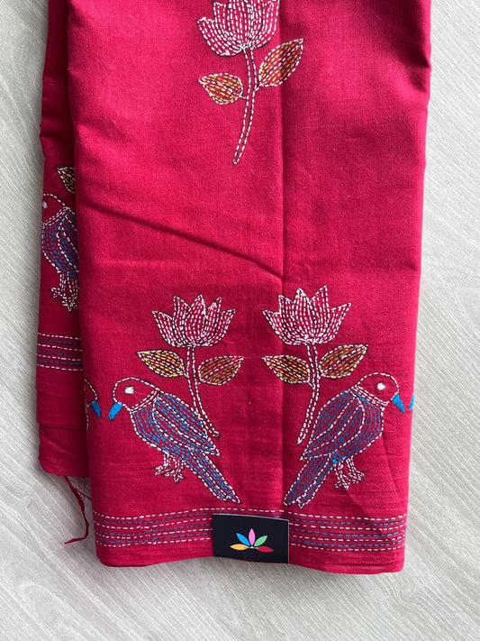 Crimson Red Bird Design Kantha Stitch Cotton Saree - 37073