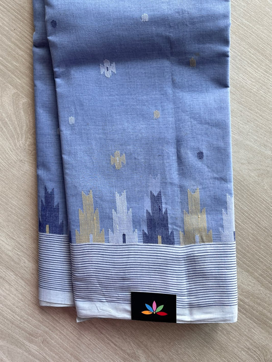 Ice Blue Handloom Bengal Cotton Jamdani Saree (Without Blouse) - 37084