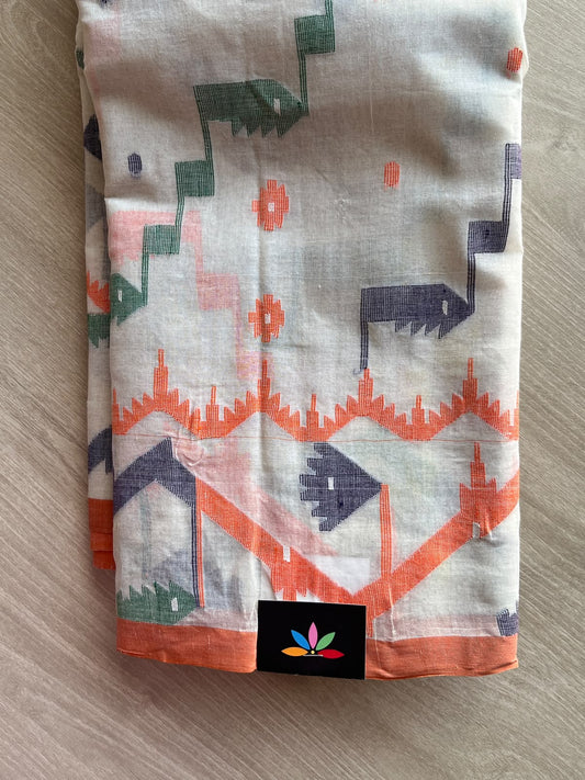 Off-White Handloom Bengal Cotton Jamdani Saree (Without Blouse) - 37086