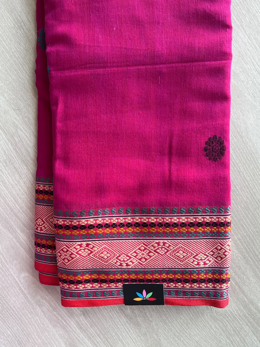 Magenta Pink Multicolour Geometric Border Handloom Bengal Soft Cotton Saree - 37093