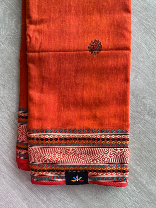 Bright Red Multicolour Geometric Border Handloom Bengal Soft Cotton Saree - 37094