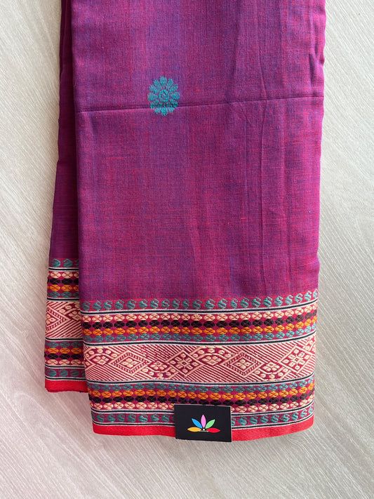 Pansy Purple Multicolour Geometric Border Handloom Bengal Soft Cotton Saree - 37096