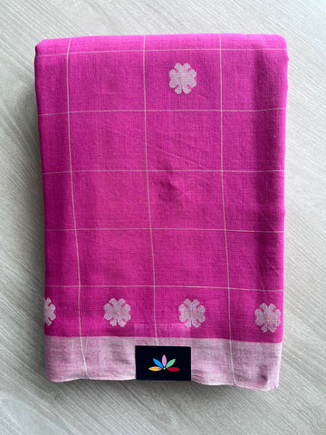 Dark Pink Floral Weave Checked Bengal Soft Cotton Saree - 37112