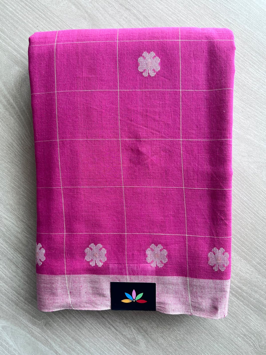Dark Pink Floral Weave Checked Bengal Soft Cotton Saree - 37112