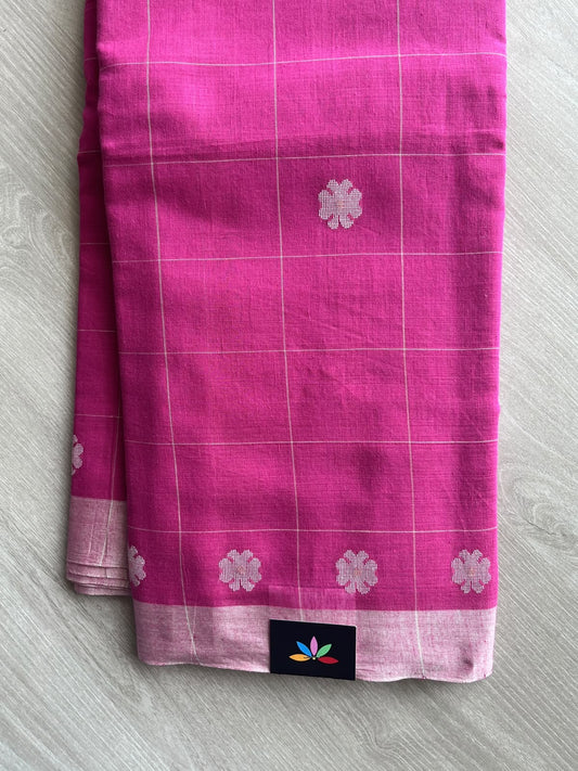 Dark Pink Floral Weave Checked Bengal Soft Cotton Saree - 37112