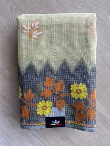 Dusty Sage Green Checked Jacquard Weave Cotton Saree (Without Blouse) - 37114