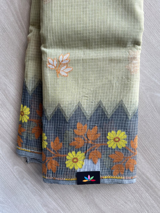 Dusty Sage Green Checked Jacquard Weave Cotton Saree (Without Blouse) - 37114
