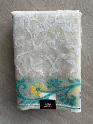 Off-White Jacquard Weave Cotton Saree (Without Blouse) - 37116