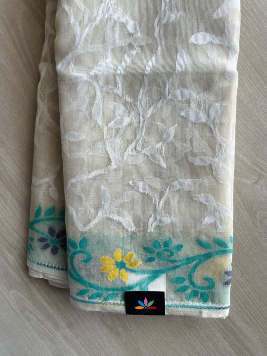 Off-White Jacquard Weave Cotton Saree (Without Blouse) - 37116