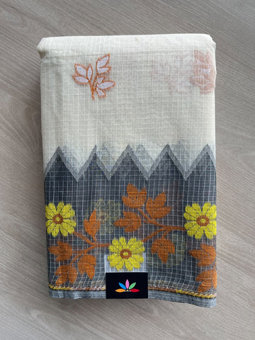 Off-White Checked Jacquard Weave Cotton Saree (Without Blouse) - 37117