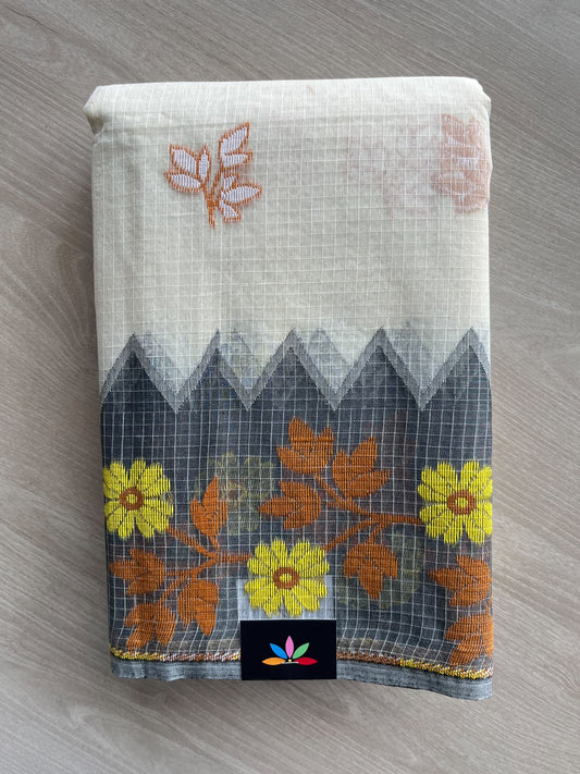 Off-White Checked Jacquard Weave Cotton Saree (Without Blouse) - 37117