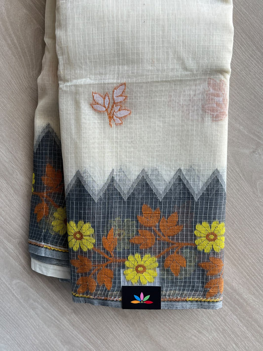 Off-White Checked Jacquard Weave Cotton Saree (Without Blouse) - 37117