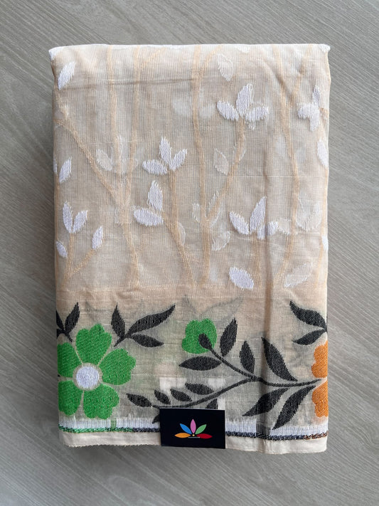 Parchment Beige Jacquard Weave Cotton Saree (Without Blouse) - 37118
