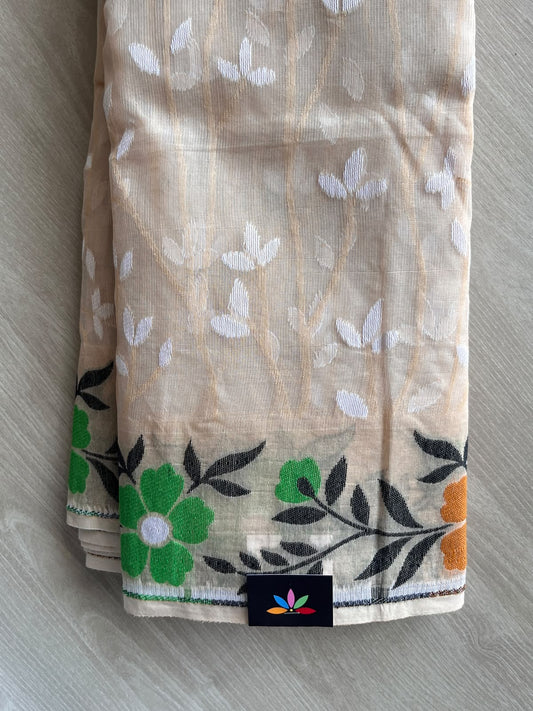 Parchment Beige Jacquard Weave Cotton Saree (Without Blouse) - 37118