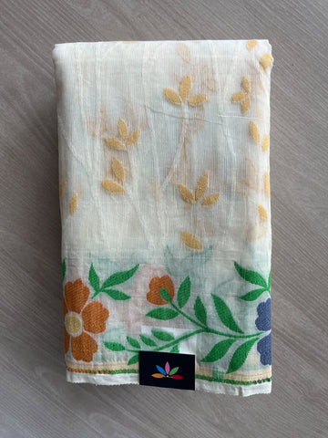 Pearl White Jacquard Weave Cotton Saree (Without Blouse) - 37119