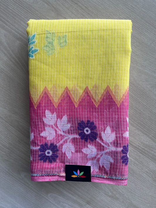 Lemon Yellow Checked Jacquard Weave Cotton Saree (Without Blouse) - 37122