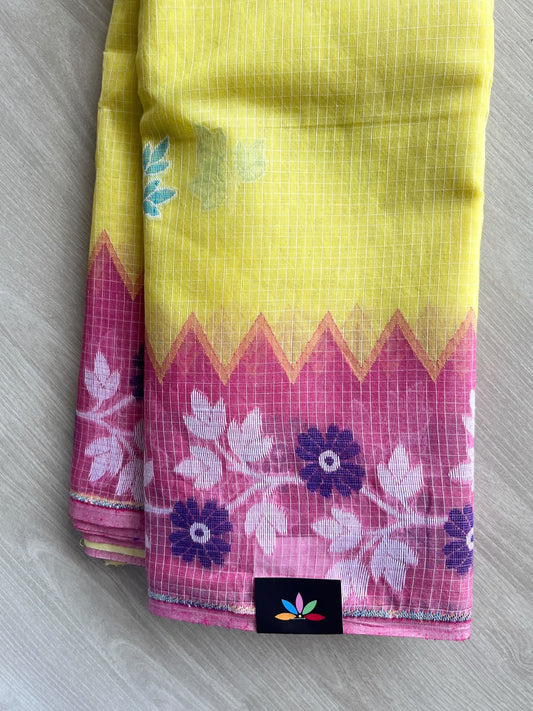 Lemon Yellow Checked Jacquard Weave Cotton Saree (Without Blouse) - 37122